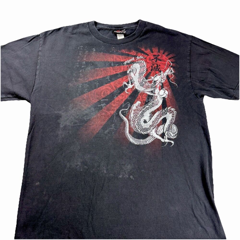 VTG Miami Ink Dragon Rising Sun T-Shirt Authentic Y2K Graphic Tee Sz XL Goth